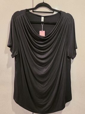 NWT Niloufo Black Draped Cowl Neck Top XL Short Sleeve
